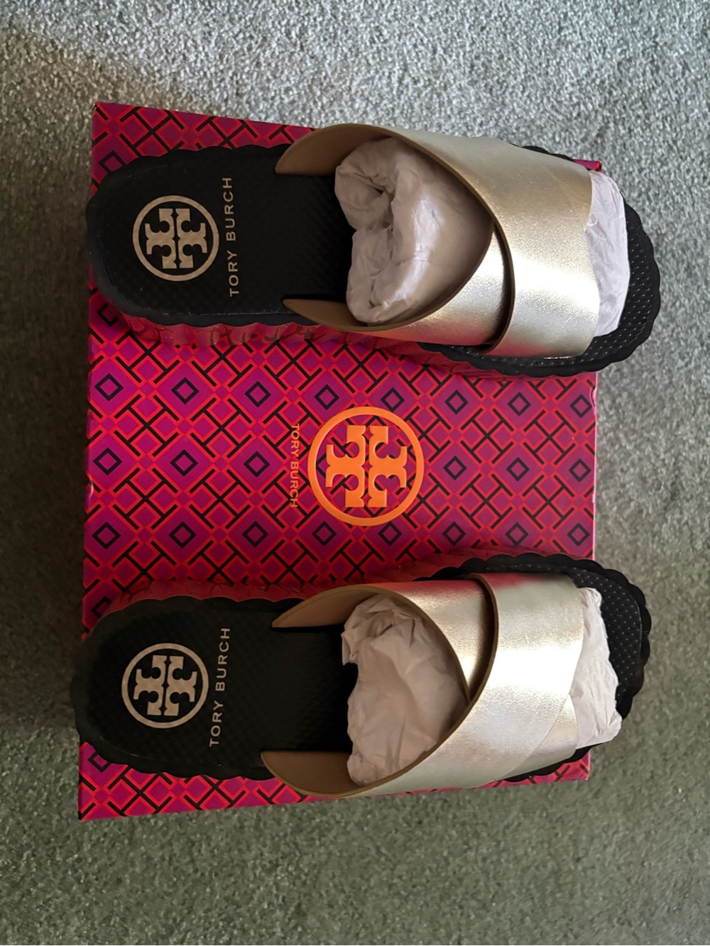 Tory Burch Metallic Gold Crossband Slide Sandals